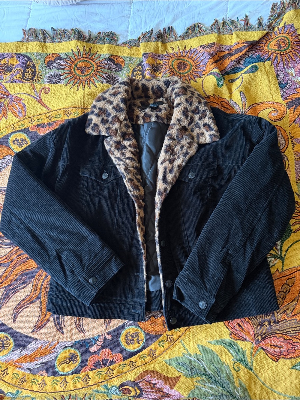 Leopard Faux-Fur Lined Black Corduroy Jacket